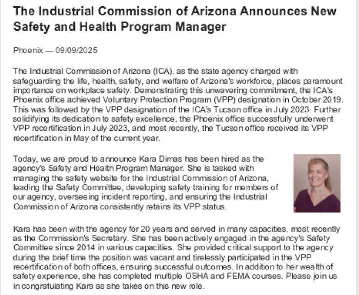 ICA Announces New Safety and Health Program Manager 9/9/2025